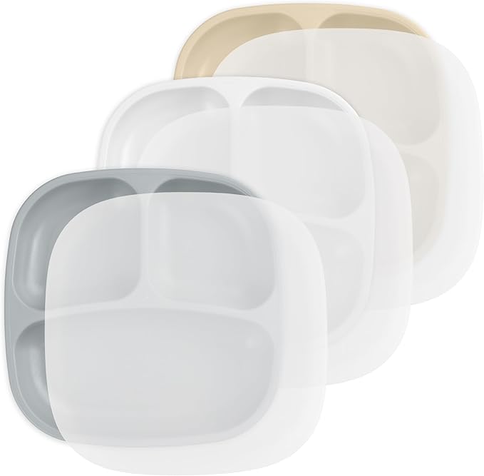 Re-Play Toddler Plates with Dividers - Deep-Walled 3 Compartments Divided Plates for Kids with 3 Lids - Dishwasher & Microwave Safe - Made in USA - Set of 3-7.37" x 7.37" x 1.25" - Seashell