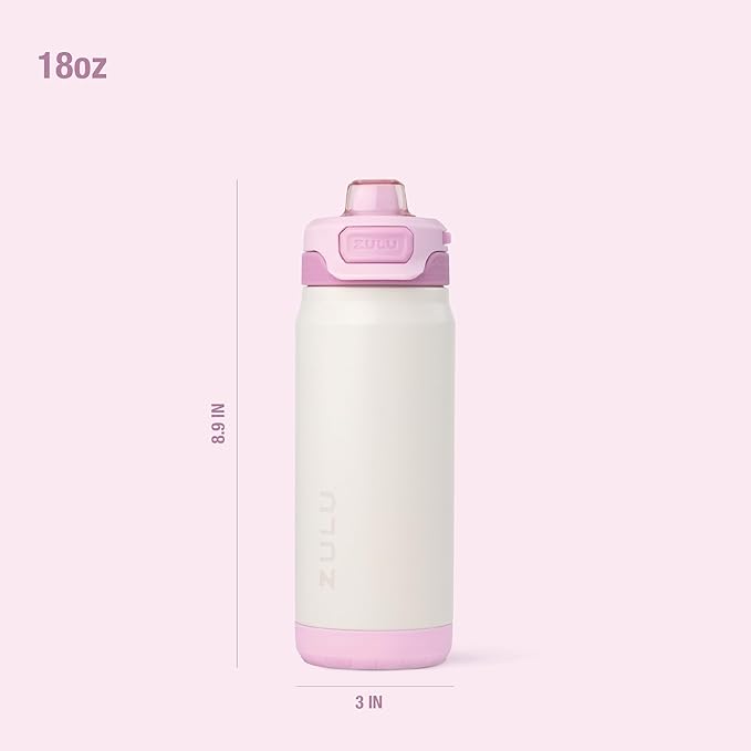ZULU Powerfill Pro 18oz Kids Stainless Steel Water Bottle with Quick Fill Lid, Triple Wall Vacuum Insulated, Leak Proof Locking Lid, Sip & Chug, Reusable, BPA Free, Dishwasher Safe, Ivory Blush