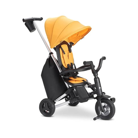 Joovy Tricycoo UL Kids Tricycle with 8 Stages Featuring 3 Rubber Tires, Removable and Adjustable Parent Handle, Safety Harness, 3-Position Recline Seat, and Retractable Canopy, Goldy