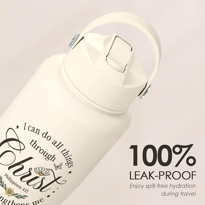 Christian Inspiration Water Bottle 32oz Stainless Steel with Lid & Straw, Inspirarional Insulated Bottles for Women Girls, Religious Inspirational Gift Idea for Birthday Christmas