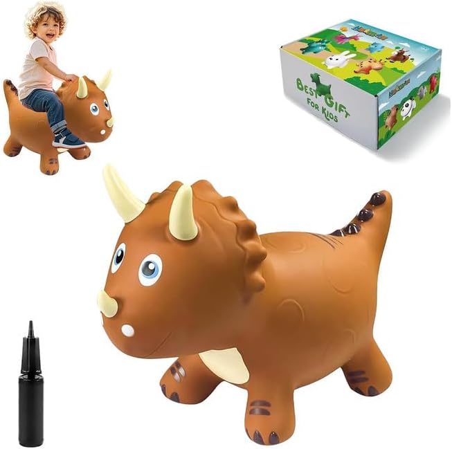 HotMax Dinosaur Bouncy Hopper Toys, Inflatable Ride on Bouncy Animals, Triceratops for Kids, Birthday Gift for 18 Months - 4 Year Old Boy or Girl (Brown)