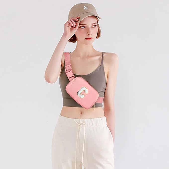 Gitus Birthday Gifts for 8 9 10 11 12 13 Year Old Girls Personalized Fanny Pack Crossbody Bags with Initial Letter Patch Belt Bag for Teen Girls Cute Trendy Stuff Travel Essentials (LightPink-C)