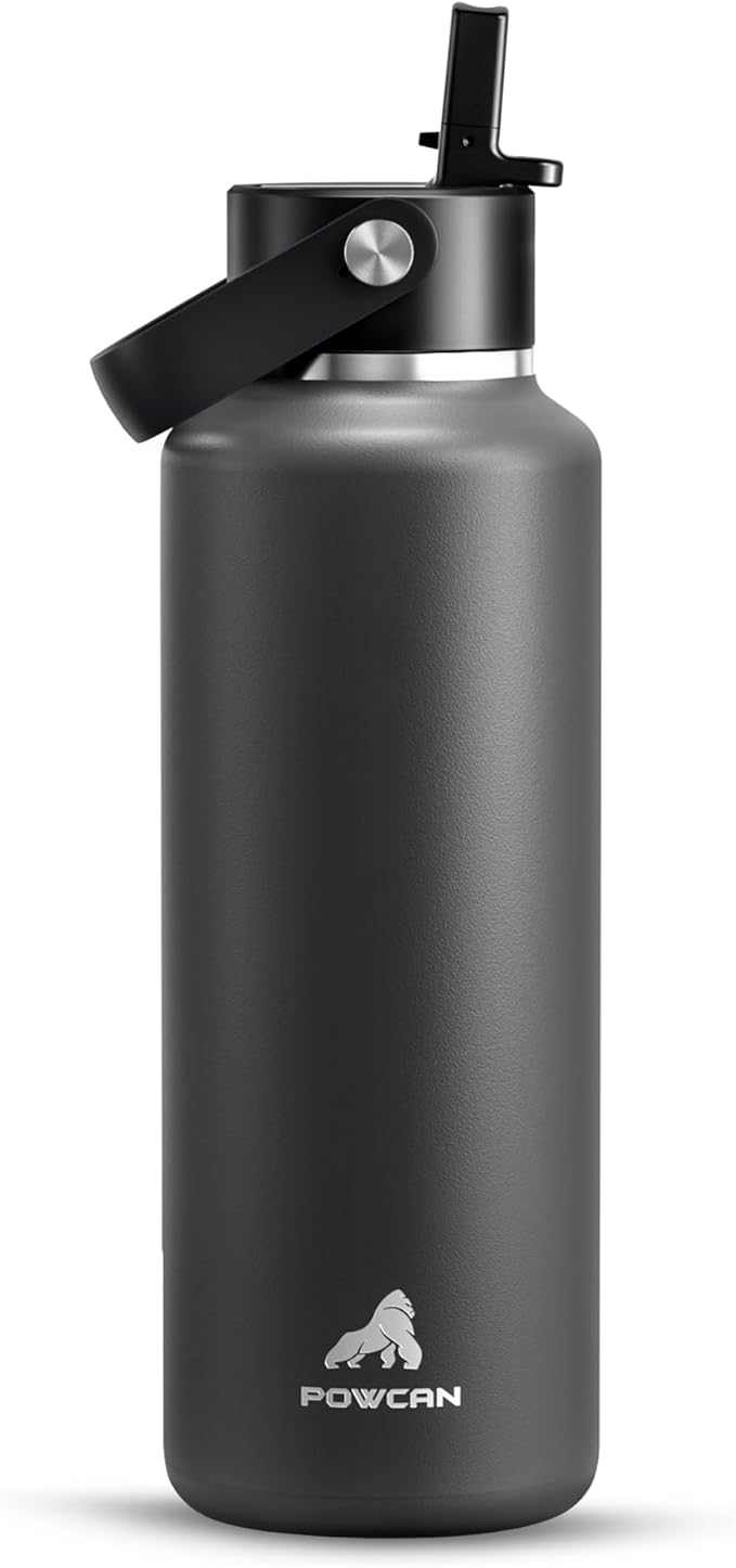 POWCAN 18 oz Kid Water Bottle with Straw: Leakproof, Lightweight, Top Handle, Flex Cap, Vacuum Insulated Water Bottle for Sport, Outdoors, Running, Camping, Home, Hiking, School, Workouts (Stone Gray)