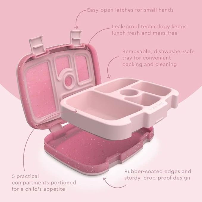 Bentgo Kids 5-Compartment Lunch Box - Glitter Design for School, Ideal for Ages 3-7, Leak-Proof, Drop-Proof, Dishwasher Safe, & Made with PFAS & BPA-Free Materials (Glitter Edition - Petal Pink)