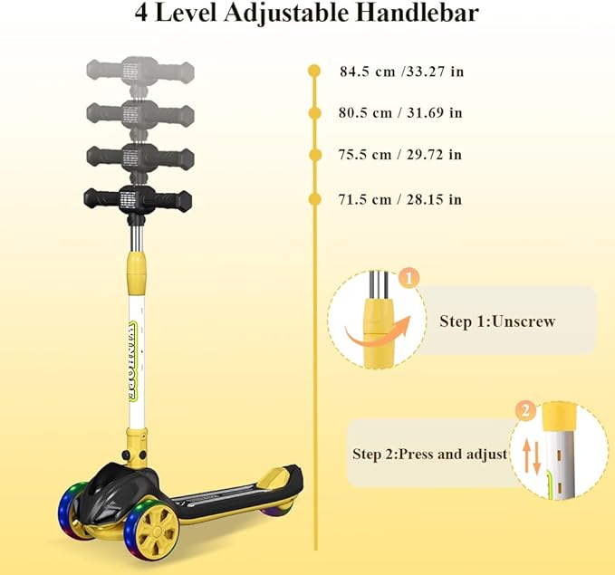 3-Wheel Foldable Kick Scooter for Kids, 4 Adjustable Height Toddler Scooter with LED Lighted Wheels, Lean-to-Steer Design& Wider Anti-Slip Deck for Children Boys & Girls Ages 3-8