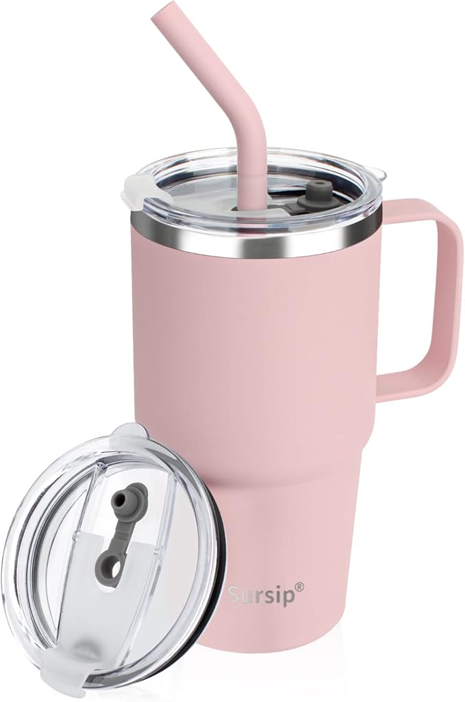 Sursip 24 oz Insulated Cup with Handle, Double Wall Vacuum Stainless Steel Tumbler with Straw and 2 Lids, For Cold/Hot Drinks, Coffee Travel Mug for Car/Home/Office/Party/Camping (Pink-1 Pack)