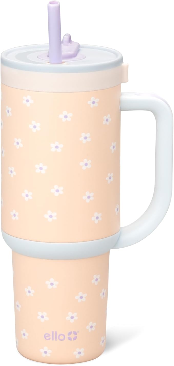 Ello Oasis 30 oz Tumbler with Handle & Retracting Straw | Reusable Insulated Stainless Steel Cup 100% Leakproof, Gifts for Teens Women Men | Keeps cold for 24 Hours, Cup Holder Friendly, Daisies