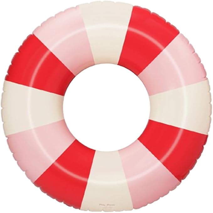 Petites-Pommes Pool Donut for Kids - Durable Inner Tube, Handprinted Classic Striped Design Pool Water Tubes, Soft Comfort Seaming, Packable Floats for Travel, Red & Pink, 35 inch