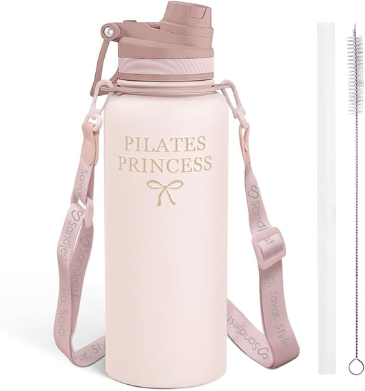 SANDJEST Pilate Stainless Steel Water Bottle with Strap 32oz, Insulated Bottles with Straw and Spout Lid for Gym Sports Travel Outdoor, Gifts for Women Girls Birthday Christmas