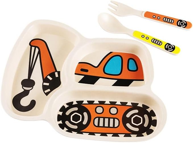 Kids Plates Set, Included Plate Fork and Spoon 9-Piece Set - Toddler Plates Dinnerware Dinner Dish Set Baby Feeding Divided Plate - Child Portion Control Trays (Excavator+Bulldozer+Hook Truck)