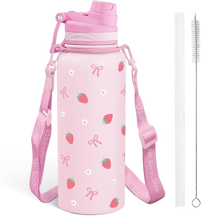 SANDJEST Strawberry Stainless Steel Water Bottle with Strap 32oz, Insulated Bottles with Straw and Spout Lid for Gym Sports Travel Outdoor, Gifts for Women Girls Birthday Christmas