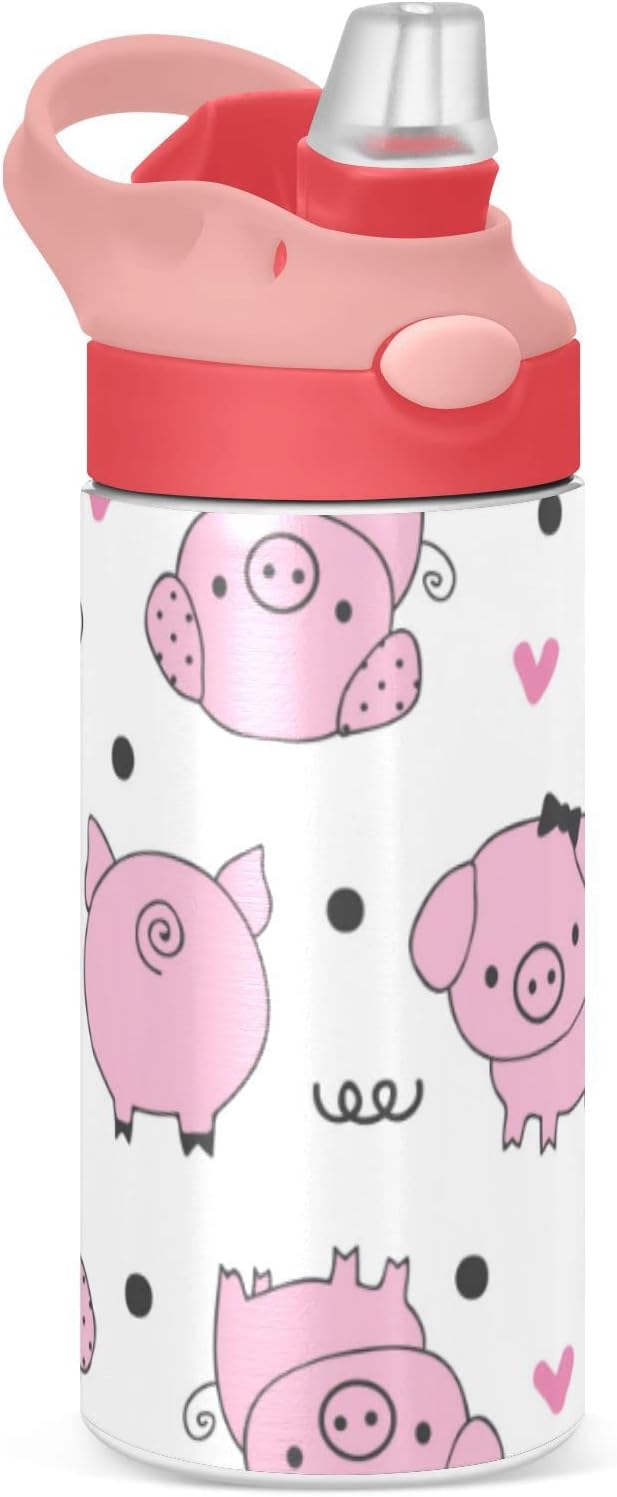 Kigai Cute Pig Kids Water Bottle, Vacuum Insulated Stainless Steel Water Bottle, Double Walled Leakproof Tumbler Travel Cup for Girls Boys Toddlers, 12 oz