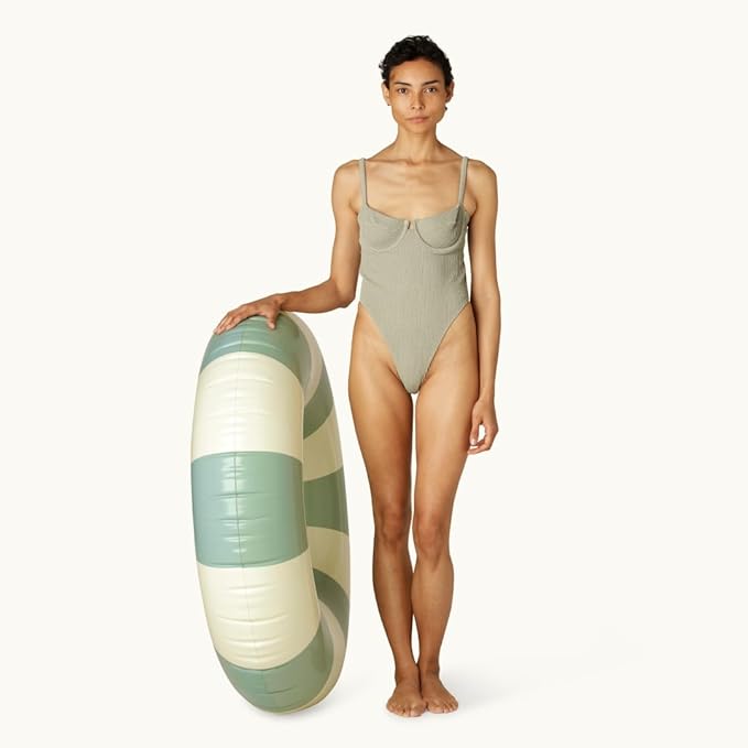 Petites-Pommes Inflatables for Adults - Durable Inner Tube, Handprinted Classic Striped Design Swim Rings, Soft Comfort Seaming, Packable Floats for Travel, Dusty Green, 47 inch