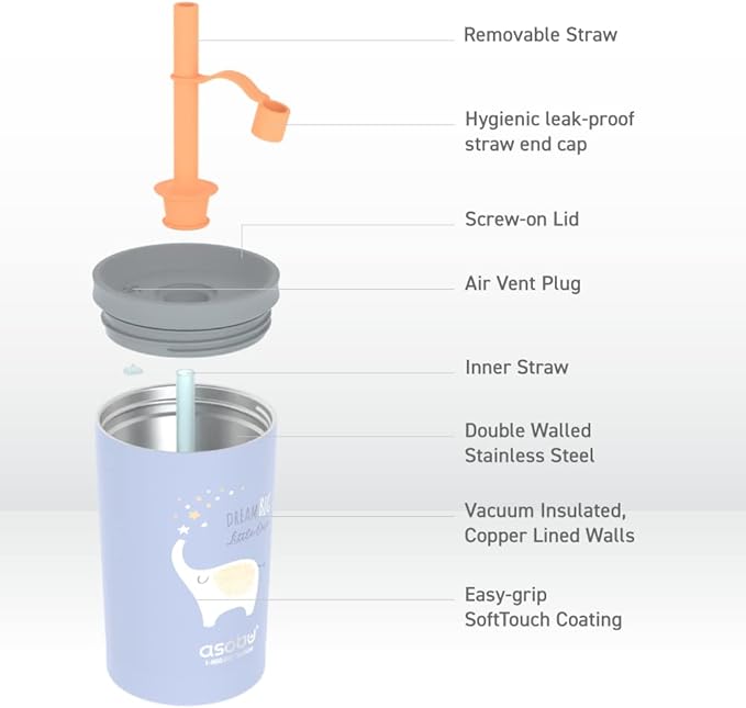 asobu Stainless Steel Kids Tumbler with Flexible Straw Lid | Insulated Water Bottle | Reusable Travel Cup 12 Ounce (Blue)