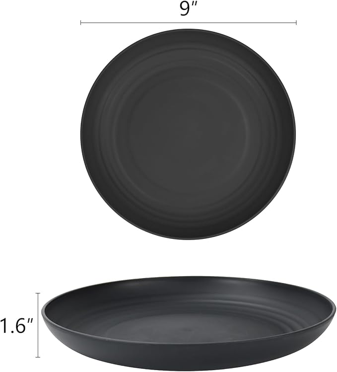 Homienly Deep Dinner Plates Set of 8 Alternative for Plastic Plates Microwave and Dishwasher Safe Wheat Straw Plates for Kitchen Unbreakable Plate Set for Camping, Picnic, Party (Black, 9 inch)