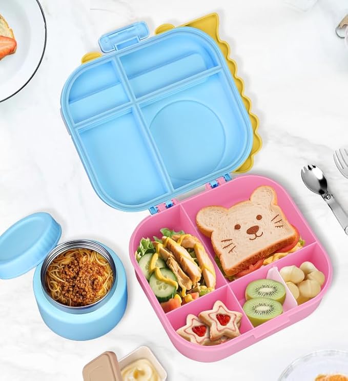 Dinosaur Lunch Box for Kids with Secret Compartment | 4 Compartments Bento Box + 12oz Insulated Food Jar | Leak-Proof Sauce Cup & Collapsible Spoon | BPA-Free, Dishwasher Safe(Grey+Grey Jar)