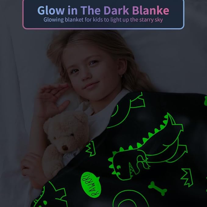 Personalized Dinosaur Blanket for Boys - Glow in The Dark, Soft Fleece Throw for Kids and Toddlers, Birthday Gift 40"x 50"