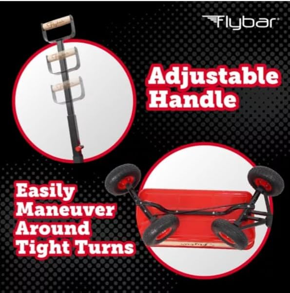 Flybar Classic Wagon for Kids, Toddler - Quad Steering System, Easy Assembly, Adjustable, Folding Handle, Rust Resistance, Durable 10 inch Air-Filled Tires, Extra Deep Beach Cart, Up to 165 lbs,3+ Red