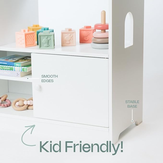 Kids Bookshelf and Toy Storage - 4-Tier White Wooden Children's Bookcase for Kids, Toddler, Nursery, Playing Room - Modern, Contemporary Style - Space Saving - Wall Mounted