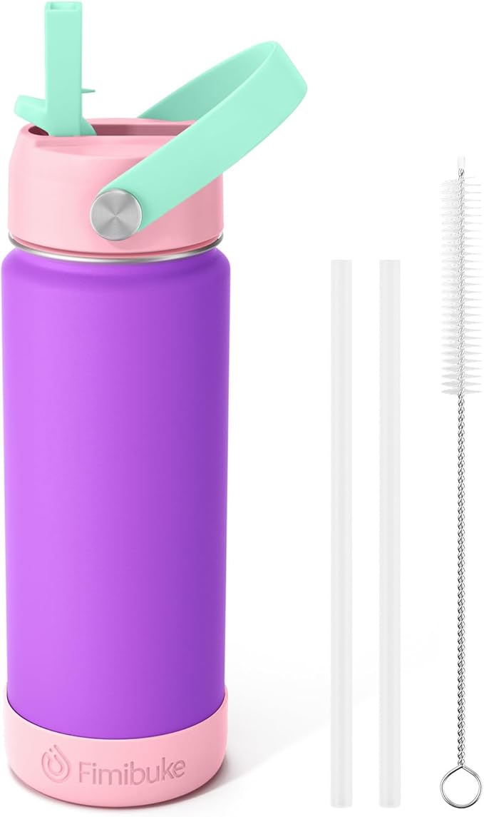 Fimibuke Kids Insulated Water Bottle, 18oz BPA FREE 18/8 Stainless Steel Kids Cup with Straw Travel Tumbler Double Wall Vacuum Leak Proof Toddler Water Bottle for School Boys Girls(1 Pack, Amethyst)