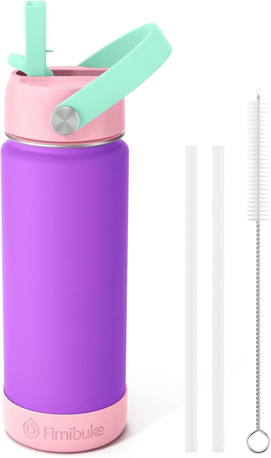 Fimibuke Kids Insulated Water Bottle, 18oz BPA FREE 18/8 Stainless Steel Kids Cup with Straw Travel Tumbler Double Wall Vacuum Leak Proof Toddler Water Bottle for School Boys Girls(1 Pack, Amethyst)