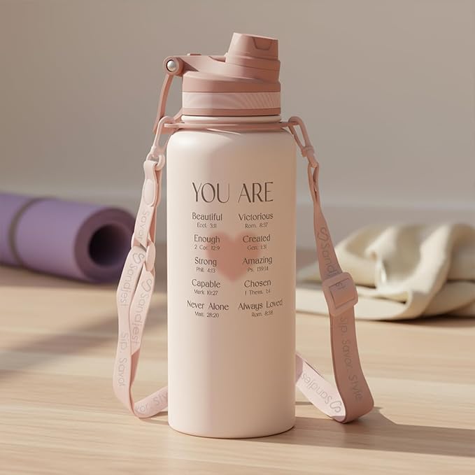 Christian Stainless Steel Water Bottle with Strap 32oz, Insulated Bottles with Straw and Spout Lid for Gym Sports Travel Outdoor, Gifts for Women Girls Birthday Christmas