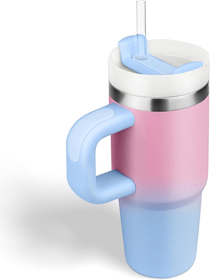 14 oz Tumbler with Handle and Straw, 14oz Toddler Tumbler with Lid and Straw for Kids Stainless Steel Tumblers, Outdoor Sports Travel School Gift, Keeps Drinks Cold (Gradient pinkblue)