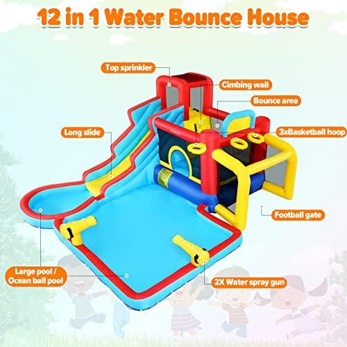 AKEYDIY Inflatable Water Slide Bounce House 13 in 1 Waterfall Waves Mega Water Slides Park |Large Water Bounce House,Splash &Blast Bouncer,Ball Toss,Soccer Gate,Water Inflatables for Kids Backyard