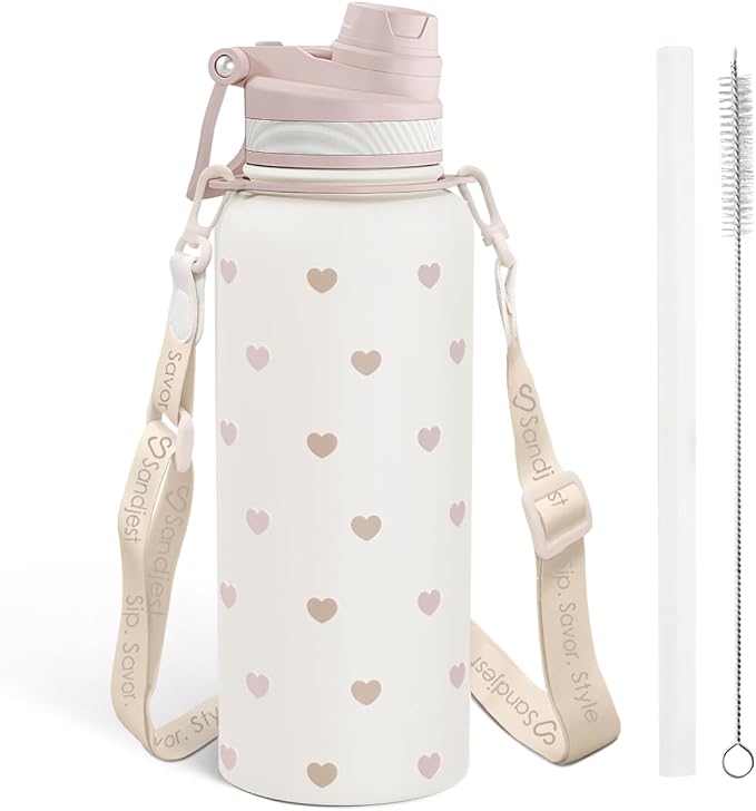 SANDJEST Beige Heart Stainless Steel Water Bottle with Strap 32oz, Insulated Bottles with Straw and Spout Lid for Gym Sports Travel Outdoor, Gifts for Women Girls Birthday Christmas