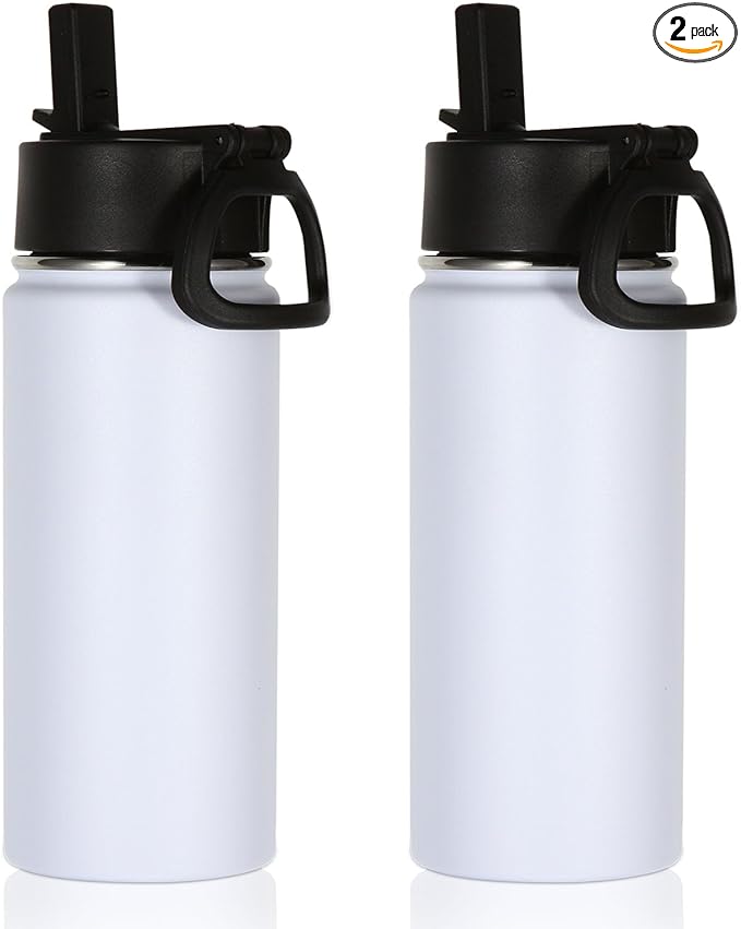 Volhoply 16 OZ Kids Water Bottle Bulk 2 Pack,Insulated Sports Bottles with Straw Lid,Stainless Steel Bottle with Handle Keep Cold & Hot,Double Wall Vacuum Tumbler Cups for School,Girls(White, 2)
