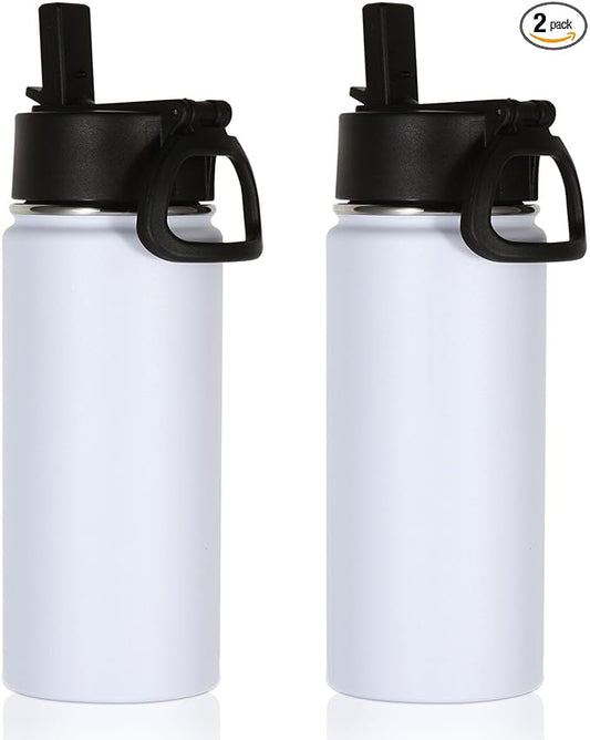 Volhoply 16 OZ Kids Water Bottle Bulk 2 Pack,Insulated Sports Bottles with Straw Lid,Stainless Steel Bottle with Handle Keep Cold & Hot,Double Wall Vacuum Tumbler Cups for School,Girls(White, 2)