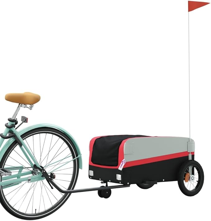 Bike Trailer Bicycle Cargo Trailer, Bike Wagon Trailer, Bike Cart with Safety Flag, Black and Red 66.1 lb Iron, 48"x20.9"x20.9"