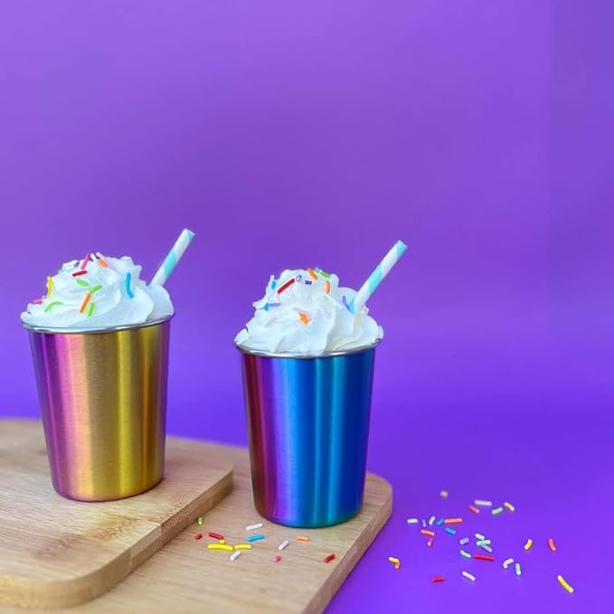 Stainless Steel Kids Cups 8 oz - Stainless Steel Small Children Cups for Home & Outdoor Activities, BPA Free Unbreakable Premium Stackable Metal Drinking Glasses (4-Pack) - Rainbow Colorful Finish