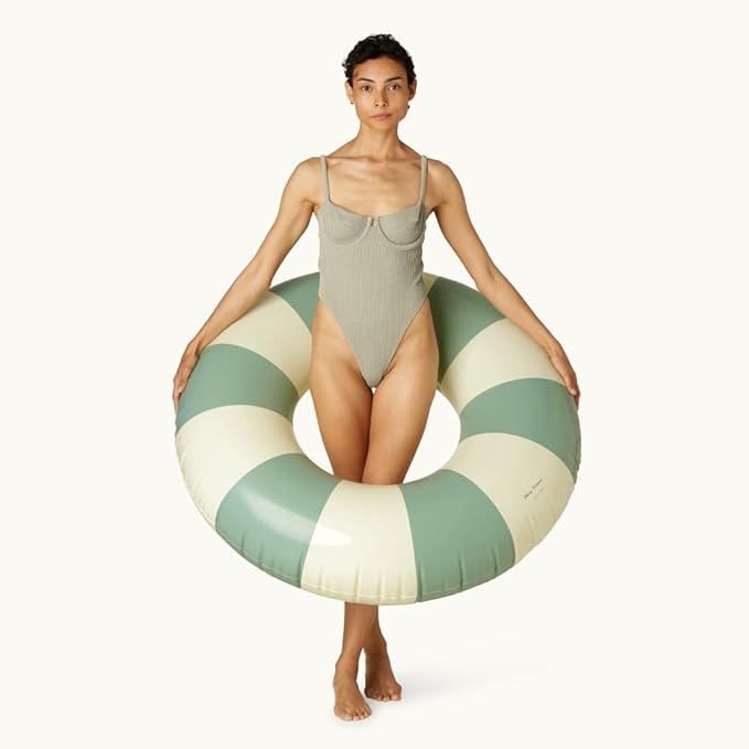 Petites-Pommes Inflatables for Adults - Durable Inner Tube, Handprinted Classic Striped Design Swim Rings, Soft Comfort Seaming, Packable Floats for Travel, Dusty Green, 47 inch