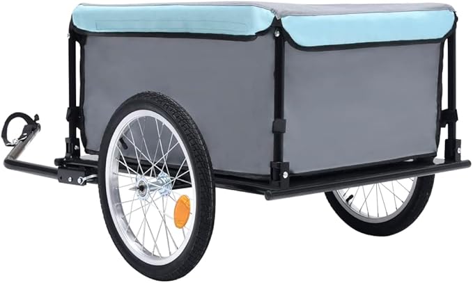 Bike Cargo Trailer with Rain Cover, Bicycle Cargo Trailer Foldable Two-Wheel Bike Luggage Wagon Bicycle Trailer with Removable Cover, Gray and Blue, Maximum Load Capacity: 143.3 lb