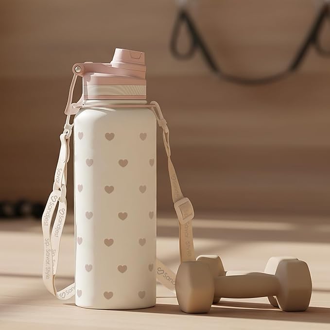 SANDJEST Beige Heart Stainless Steel Water Bottle with Strap 32oz, Insulated Bottles with Straw and Spout Lid for Gym Sports Travel Outdoor, Gifts for Women Girls Birthday Christmas
