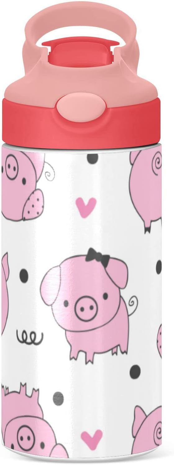 Kigai Cute Pig Kids Water Bottle, Vacuum Insulated Stainless Steel Water Bottle, Double Walled Leakproof Tumbler Travel Cup for Girls Boys Toddlers, 12 oz