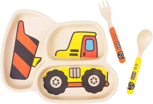 Kid Plate Set Bamboo Toddler Plates Dinnerware Dinner Dish Set Baby Feeding Spill Proof Divided Plate - Baby Spoon and fork 3-Piece Set for Kids and Toddlers Teaches Child Portion Control