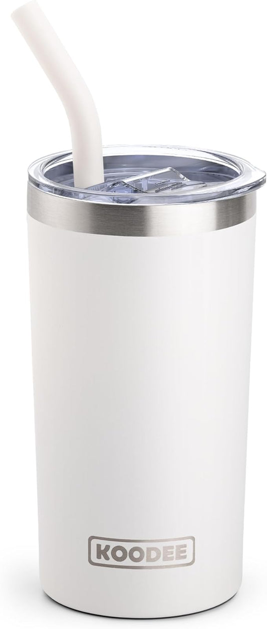 koodee Insulated Tumbler with Straw-12 oz Skinny Tumbler Stainless Steel Double Wall Vacuum Water Cup for Women, Sweat-Free (White)