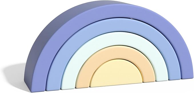 Asweets Wooden Stackable Rainbow Toy, 5 PCS Wooden Building Blocks Set for Baby, Kids and Toddlers, Montessori Rainbow Nesting Puzzle, Enhance Hand-Eye Coordination, Cognitive Development, Blue