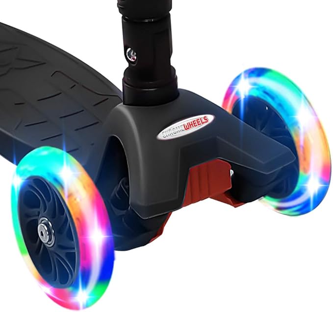 ChromeWheels Foldable Scooters for Kids, Deluxe Kick Scooter 4 Adjustable Height 132lbs Weight Limit 3 Wheel, Lean to Steer LED Light Up Wheels, Best Gifts for Girls Boys Age 3-12 Year Old