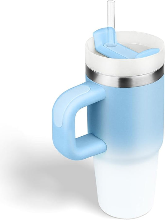 14 oz Tumbler with Handle and Straw, 14oz Toddler Tumbler with Lid and Straw for Kids Stainless Steel Tumblers, Outdoor Sports Travel School Gift, Keeps Drinks Cold (Gradient bluewhite)