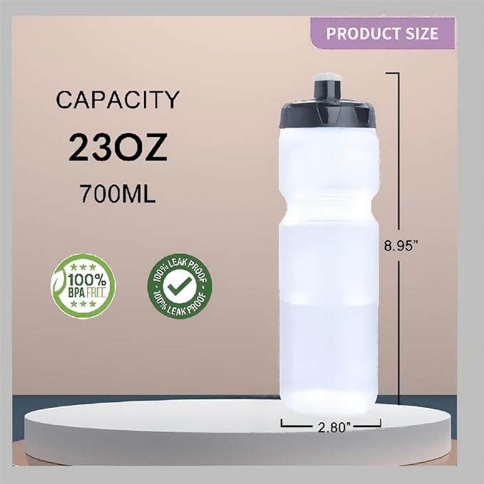 Squeeze Water Bottle Sports 24oz, BPA-Free Bicycle Water Bottle, Fit Bike Cage, Gym Cycling Hiking (Clear)