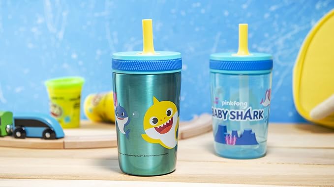 Zak Designs Baby Shark Kelso Tumbler Set, Leak-Proof Screw-On Lid with Straw, Bundle for Kids Includes Plastic and Stainless Steel Cups with Bonus Sipper (3pc Set, Non-BPA)