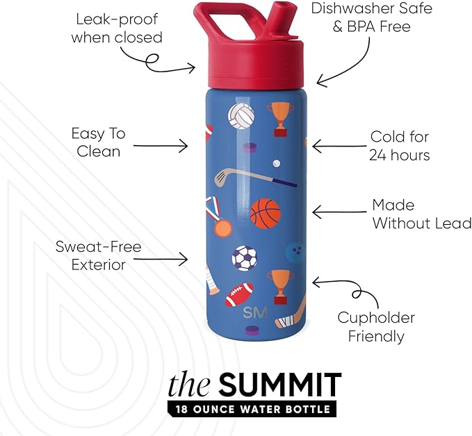 Simple Modern Kids Summit Water Bottle with Straw Lid | 18oz Stainless Steel Cup Insulated Tumbler for Toddlers, School | Sports Balls