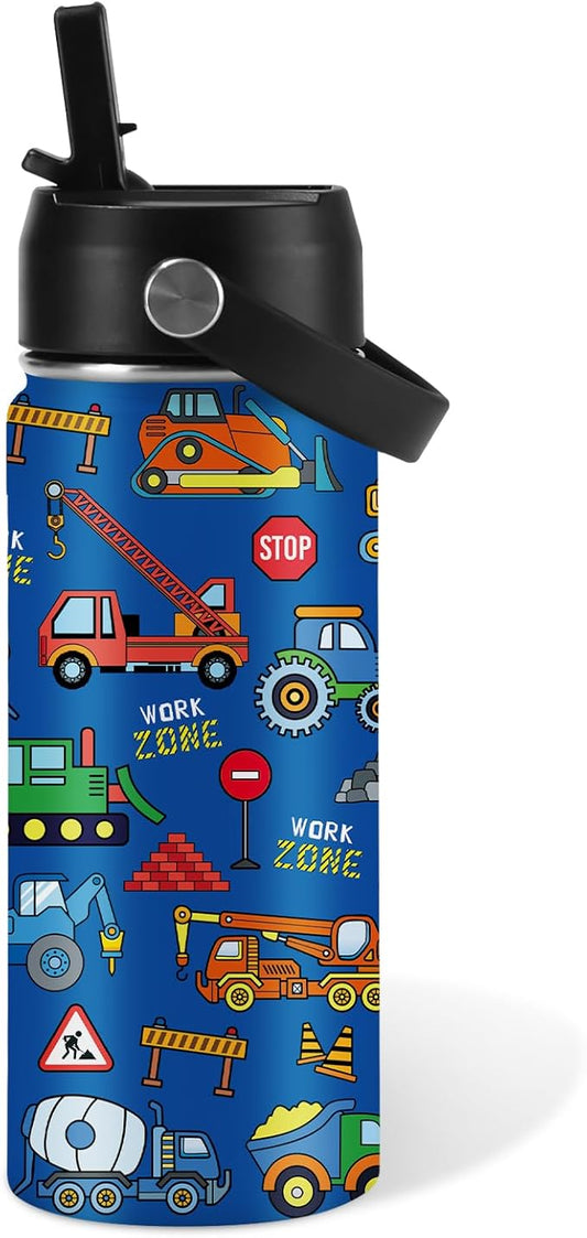 Construction Gifts for Men & Women - 16 Oz Water Bottle with Straw Lid, Stainless Steel Insulated Tumbler, Leak Proof, BPA-Free, for Boys, Travel - Truck Lovers Teen Birthday Gifts Cups(1pc)