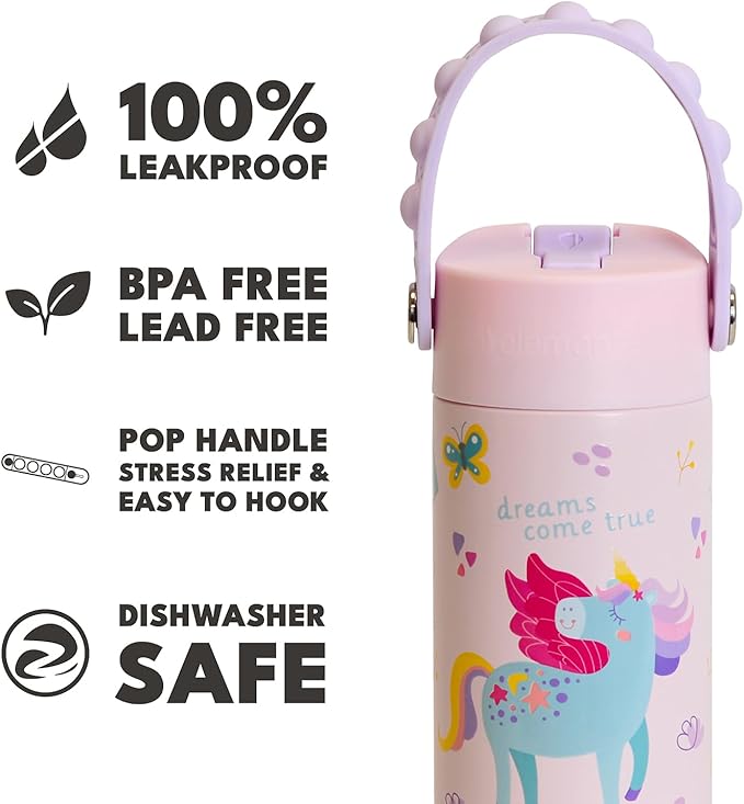 Elemental Insulated Kids Water Bottle, Stainless Steel Water Bottle with Straw Lid & Pop-It Handle, Leak-Proof Water Bottles for School, Boys or Girls, Travelling and Sports, 18oz - Unicorn Rainbow