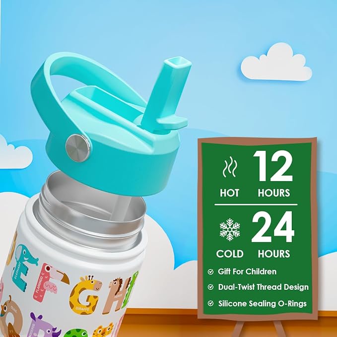 Alphabet Kids Water Bottle with Straw Lid 12oz Insulated Stainless Steel, Travel Tumbler, Animal Gifts for Boys Girls, Birthday, Christmas, Back to School