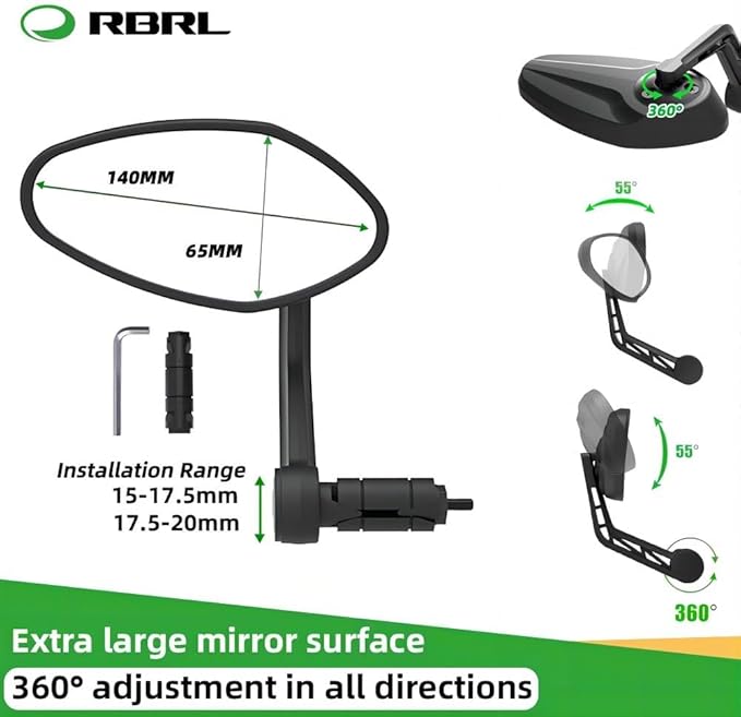 RBRL Bike Mirror Bar End Bike Mirror, Rotatable Bicycle Mirror, Automotive Grade Glass Bike Side Mirrors, Scratch Resistant E-Bike Universal Rearview Mirrors for Mountain bike (Left)