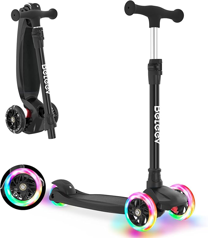 BELEEV Scooters for Kids 3 Wheel Kick Scooter for Toddlers Girls Boys, 4 Adjustable Height, Lean to Steer, Light up Wheels, Extra-Wide Deck, Easy to Assemble for Children Ages 3-12 (Rose Pink)